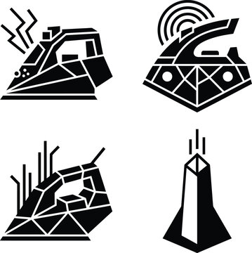 Assortment of four distinct black and white vector icons featuring household appliances like irons in unique styles.