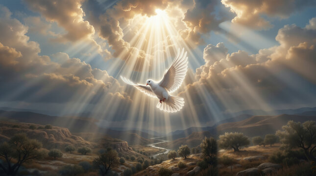 Holy Spirit descending as a white dove from heaven. Divine light rays shining over a biblical landscape. Religious concept of peace and faith