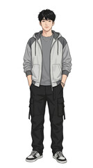 Fototapeta premium This image shows a modern illustration of a young man wearing a relaxed casual streetwear outfit in a clean and minimalist style.