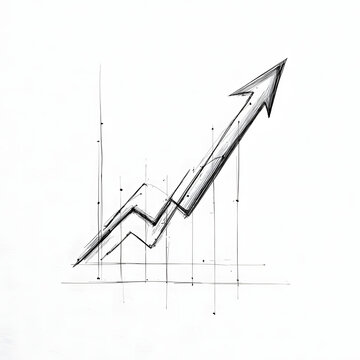 Thin-line black sketch of an upward rising arrow chart in a realistic illustrator drawing style on a clean white background.