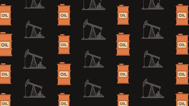 Industrial Oil Pump and Fuel Barrel Seamless Pattern Background, energy concept.