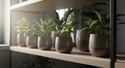 Fototapeta premium Shelf of Green Indoor Plants in Brown Pots.