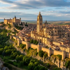 Fototapeta premium Segovias Majestic Skyline - Alc?zar and Cathedral at Sunset.