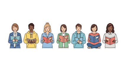 Obraz premium United in Stories: A diverse group of people engrossed in the magic of books, each with their own story and a shared love of reading.