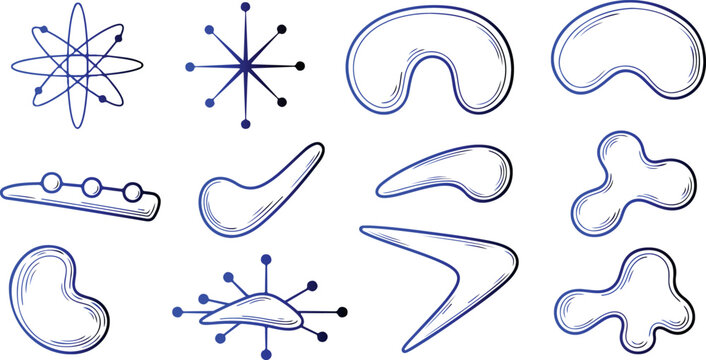 Abstract shapes and atomic structures in blue and black ink.