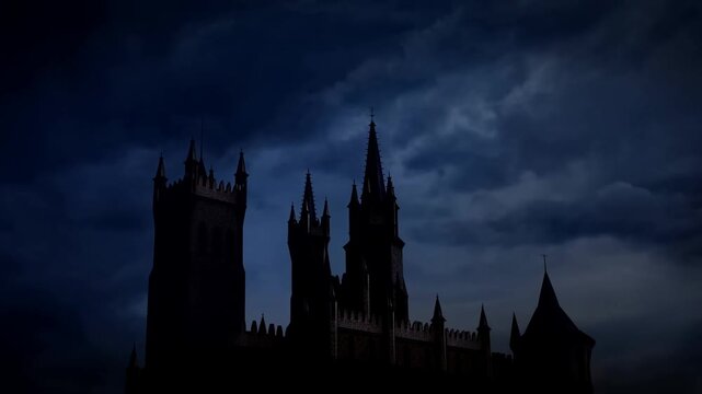 Static shot silhouetted castle with lightning striking across stormy night sky over gothic towers and battlements