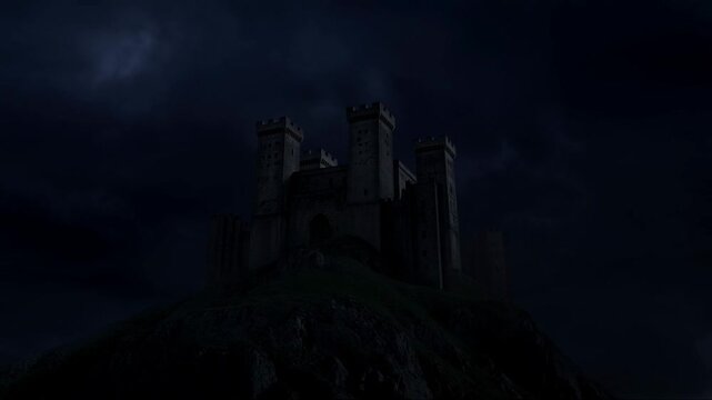 Slow dolly in revealing medieval stone castle on rocky hill during thunderstorm at night with lightning and low cloud cover over rugged landscape