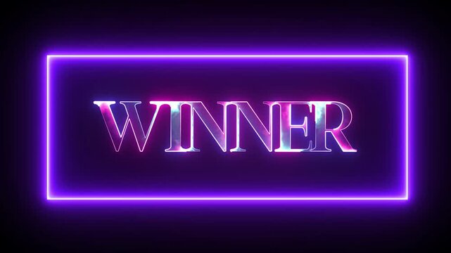 Winner text with purple neon frame on dark background glow light sign victory success
