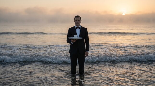 Ocean Service: Waiter in Tuxedo Standing in Sea with Coffee Tray