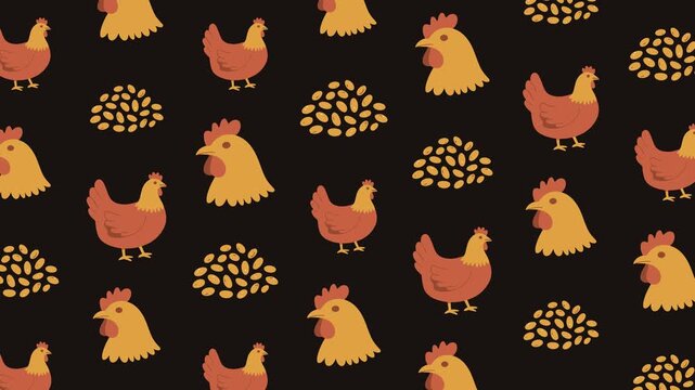 Poultry Farm Chicken and Grain Seed Seamless Pattern Background, agriculture concept.