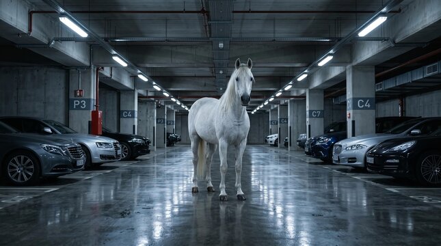 White Horse in a Modern Concrete Parking Garage: Surrealism