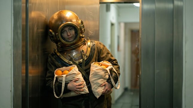 Surreal Commute: Deep Sea Diver with Oranges in an Elevator