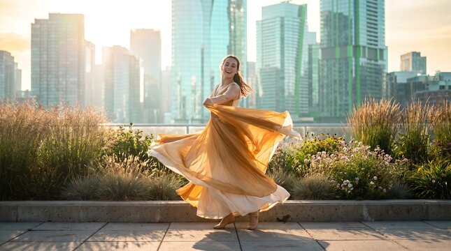 Rooftop Freedom: Woman in Yellow Dress Twirling at Sunset