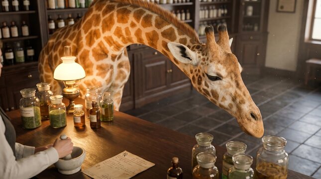 Wildlife Apothecary: Surreal Giraffe in a Vintage Pharmacy