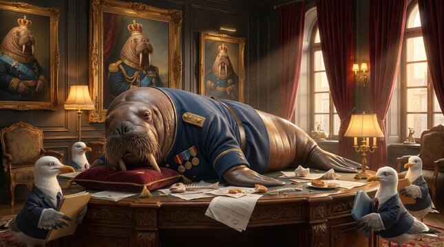 Aristocratic Walrus General in Grand Office with Seagull Aides