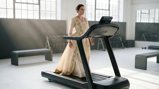 Regency Fitness: Woman in Period Ballgown on Modern Treadmill