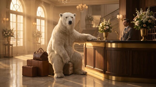 Polar Bear Guest at Luxury Hotel Reception Desk