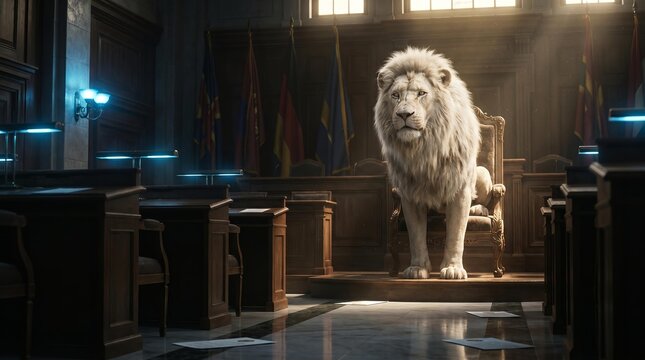 The King of Justice: White Lion on a Throne in Modern Courtroom