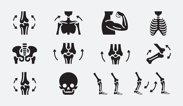 Human anatomy icons showing joint movement, skeleton, and muscle.
