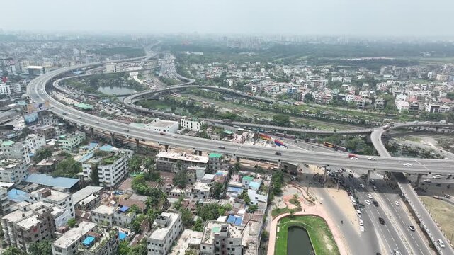 Aerial view of dhaka city expressway and urban traffic