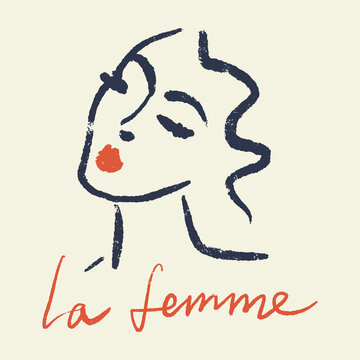 Minimalist aesthetic la femme quote with abstract girl face, brush inky line drawing portrait, elegant french style fashion graphic. Hand-lettered phrase and woman silhouette linear art face sketch