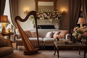 Naklejka premium Harp in an opulent living room with classical fireplace, ornate gold mirror, and fresh flowers