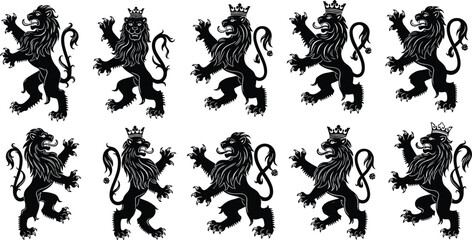 Heraldic lion silhouettes set in vintage engraving style, medieval crest animals in various poses for emblem design, coat of arms, and royal branding © Md