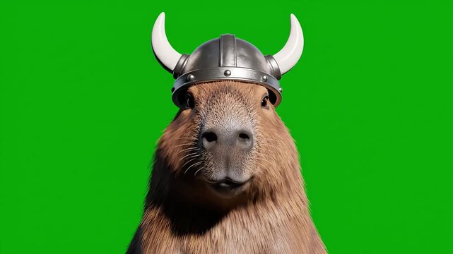 A cute capybara wearing a Viking helmet looking directly at the camera against a green screen.