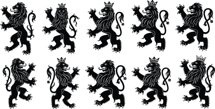 Heraldic lion silhouettes set in vintage engraving style, medieval crest animals in various poses for emblem design, coat of arms, and royal branding
