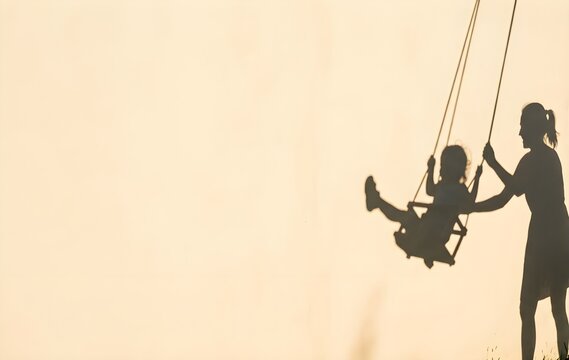 Warm Silhouette of Mother Pushing Child on Swing with Large Copy Space