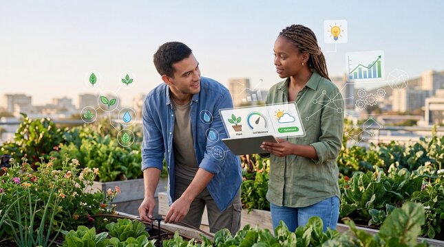 Young man and woman gardening in urban rooftop garden using smart tablet with digital interface for monitoring soil moisture plant growth weather forecast efficiency charts