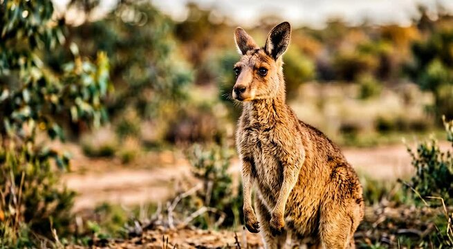 Kangaroo Standing in the Australian Outback Bushland at Sunset