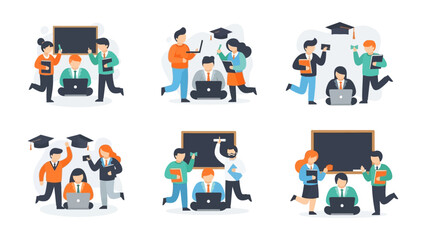 Fototapeta premium Education Ensemble: A collection of stylized images depicting diverse groups of students in various educational scenarios. From collaborative learning sessions to individual study time.