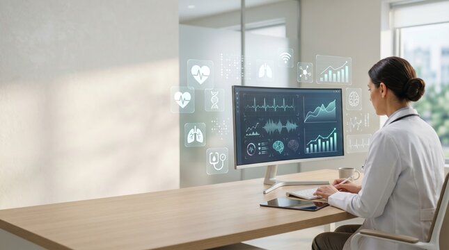 Future healthcare technology modern digital medical clinic doctor analyzing virtual holographic health data charts