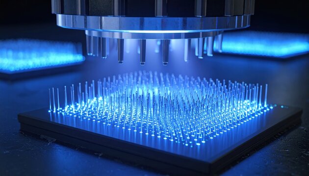 A superconducting qubit array rendered as a dense network of tiny glowing conduits on a modern processor, representing advanced quantum computing technology and complex digital infrastructure.