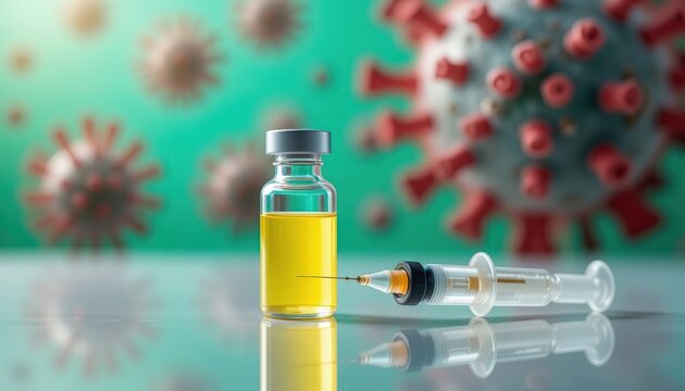 Vial with yellow liquid and syringe on reflective surface with enlarged coronavirus background symbolizing vaccination medical research and global fight against COVID 19 pandemic