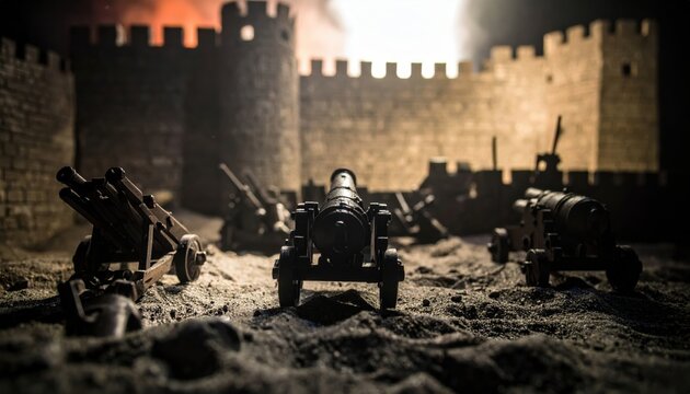 Miniature cannons and catapults posed in a realistic simulated assault on a grand fortified medieval castle stone wall, capturing a dramatic moment of historical military warfare.