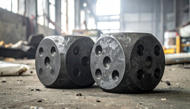 Two oversized heavy steel dice with deep markings resting on a gritty workshop floor in a dark industrial factory setting captured in a detailed close up shot.