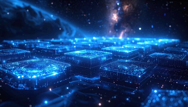 Glowing superconducting qubits arranged in an intricate lattice structure against a cosmic backdrop representing advanced quantum computing power and future digital innovation.