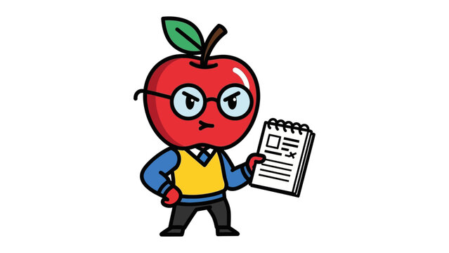Smart Apple Teacher: An animated apple figure, styled as a serious teacher, wears glasses and holds a notebook. Ready to educate or grade, this mascot symbolizes learning.