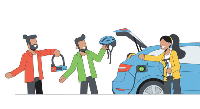 People exchanging items near a blue car