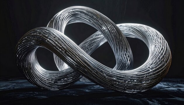 Abstract sculpture of interwoven silver wires forming impossible knots with a polished metallic finish that catches light in a dark environment.