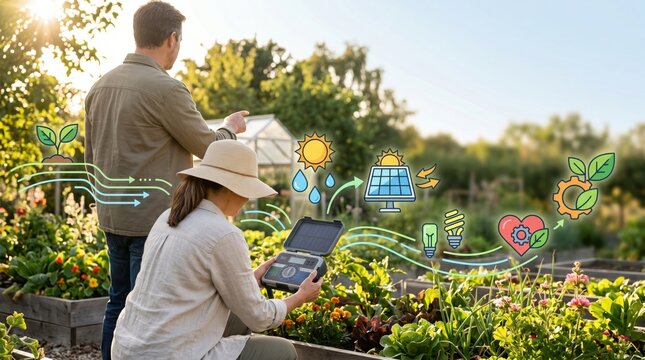 Ecoconscious couple monitoring garden climate using smart sensor device checking temperature and humidity levels optimizing sustainable urban farming growth