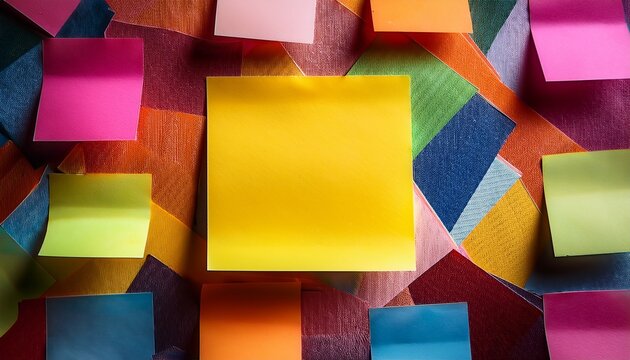 blank yellow sticky note in front of a colorful wall of notes