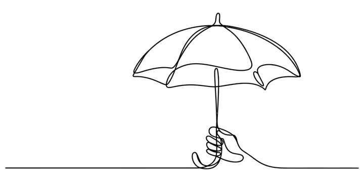 Minimalist continuous line art of a hand holding a simple umbrella isolated on a plain white background design. Vector, illustration