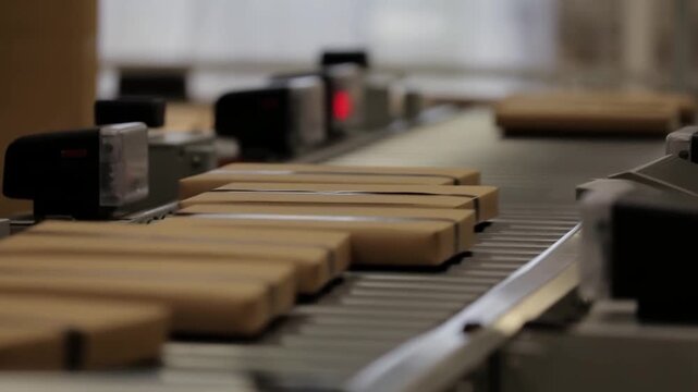 Tracking shot of cardboard packages moving along conveyor belt being sorted by sensors in industrial warehouse production facility