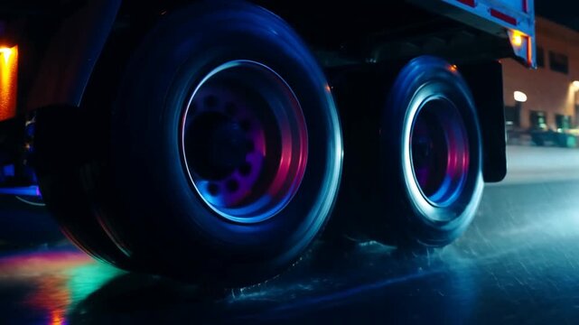 Tracking slow motion dolly close shot of truck wheels spinning and splashing on wet urban street near loading dock at night