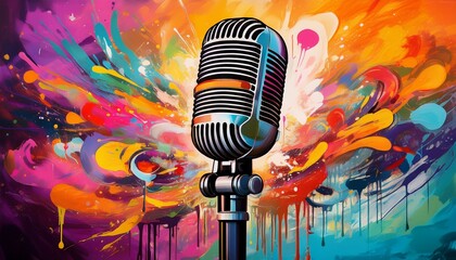 Naklejka premium colorful graffiti background featuring a microphone mural perfect for music and art enthusiasts