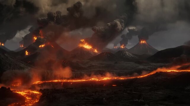 Tracking shot of volcanic eruption with rivers of lava flowing across barren rocky landscape under dark ash clouds