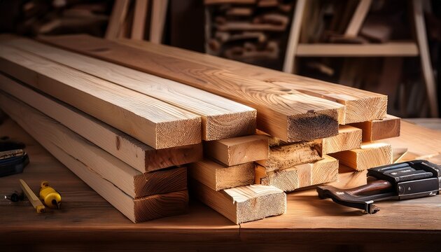 a stack of rough pine boards lies on a workbench in a cluttered carpenter s workshop surrounded by tools and lumber the rustic wood planks are freshly cut from a nearby pile of raw timber